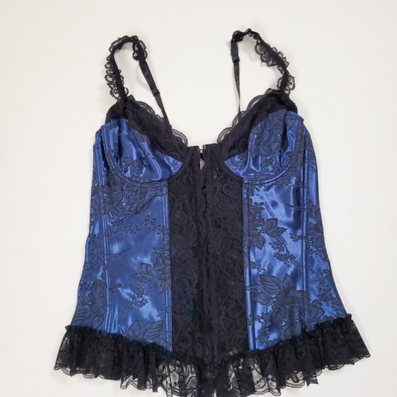 Vintage lace up corset black trim navy ruffle satin bustier top appliqué straps - Picture 7 of 9